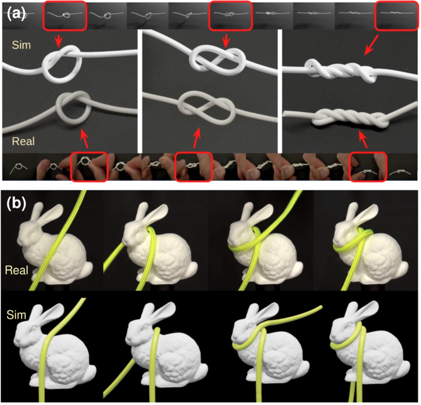 Trefoil knot under twist and a rope wrapping the Stanford bunny, sim vs real